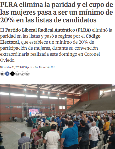 PLRA elimina la paridad y el cupo de las mujeres pasa a ser un mínimo de 20% en las listas de candidatos